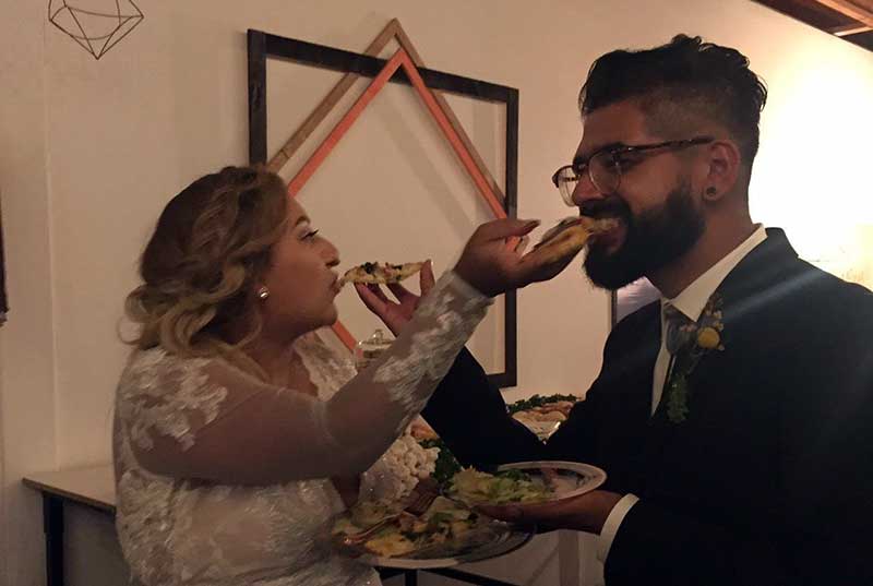 Bride and Groom with Pizza Catered Wedding